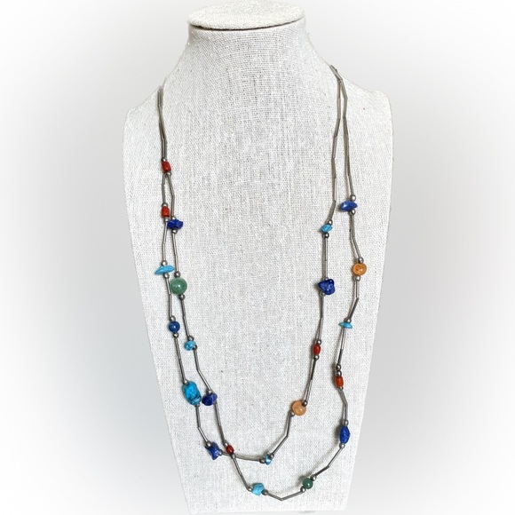 Jewelry - Vintage Double Strand Liquid Sterling Silver Multi Gemstone Necklace